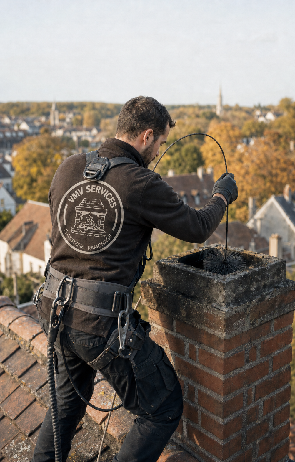 Illustration d’un technicien VMV Services équipé près d’une cheminée sur un toit
